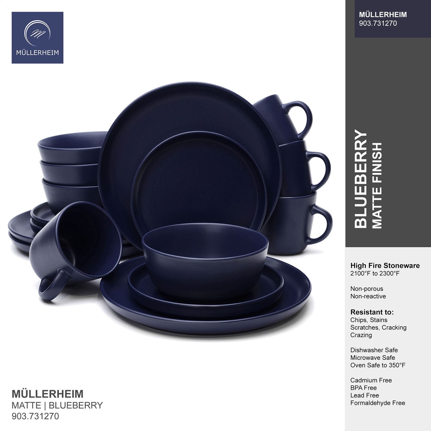 903 Collection Stoneware Dinnerware Set - Matte Blueberry