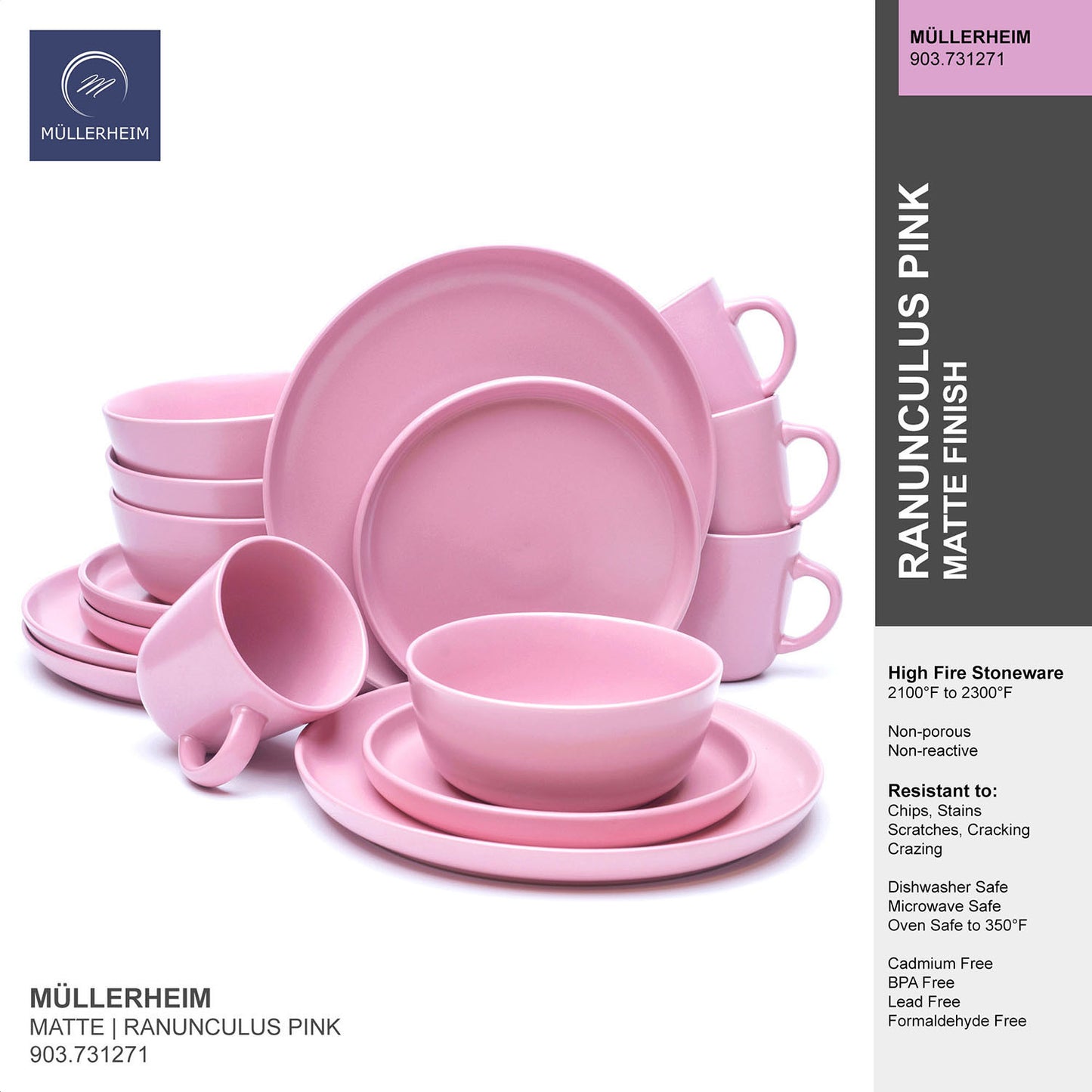 903 Collection Stoneware Dinnerware Set - Matte Ranunculus Pink