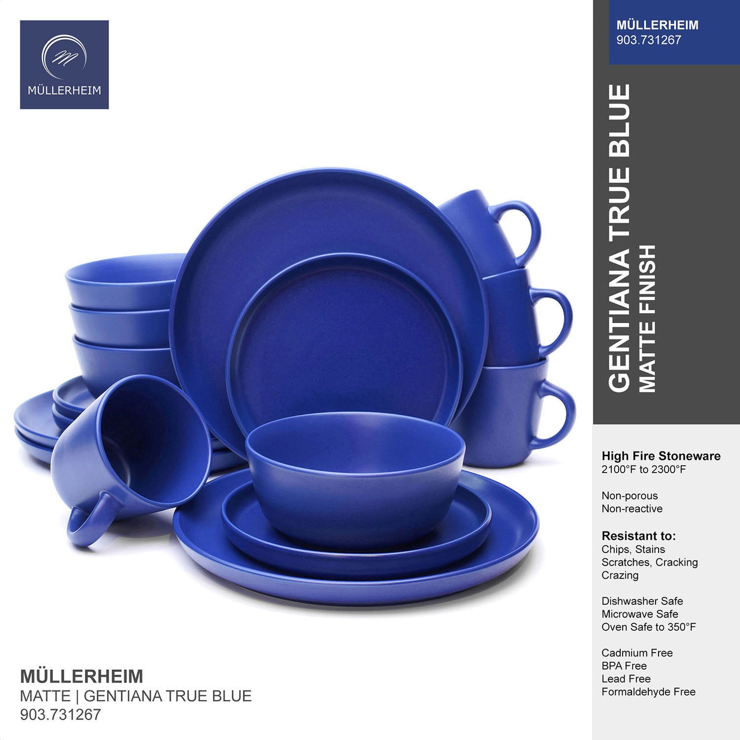 903 Collection Stoneware Dinnerware Set - Matte Gentiana True Blue