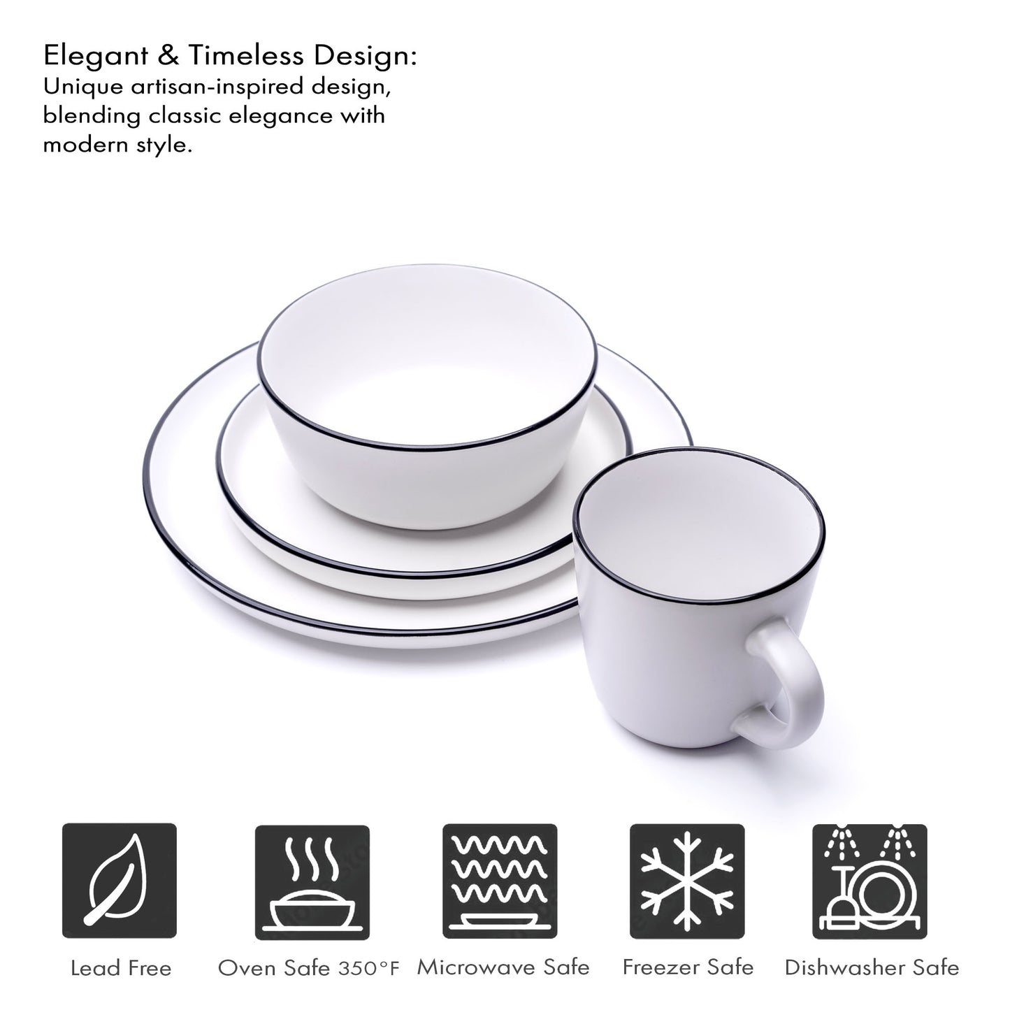 903 Collection Stoneware Dinnerware Set - Matte Snow White with Black Rim